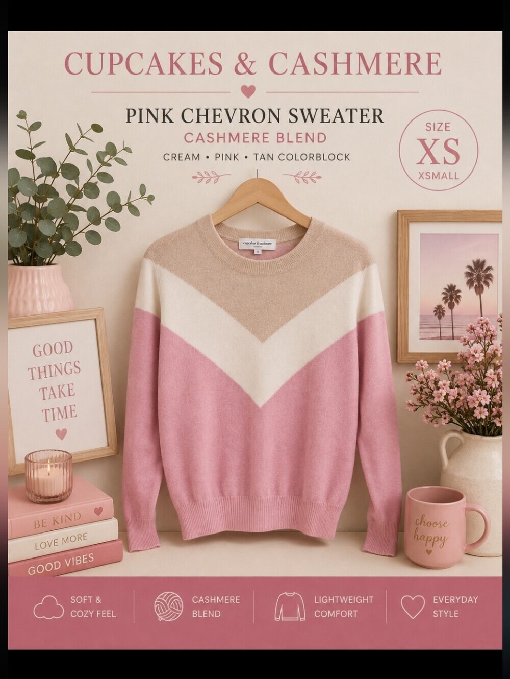 Cupcakes & Cashmere Pink Chevron Sweater XS Cashmere Blend Cream Tan Colorblock